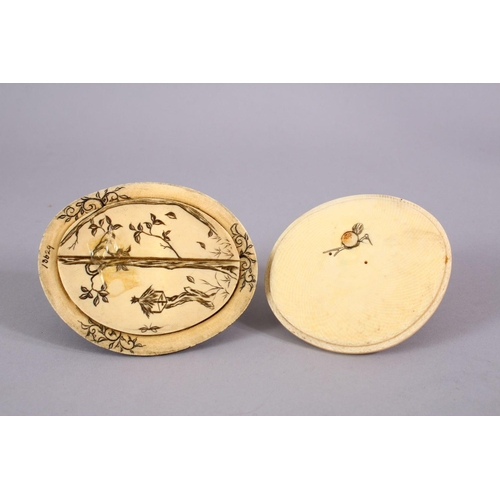 167 - TWO JAPANESE MEIJI PERIOD CARVED IVORY TUSK VASE LIDS, one carved depicting a monkey holding a persi... 