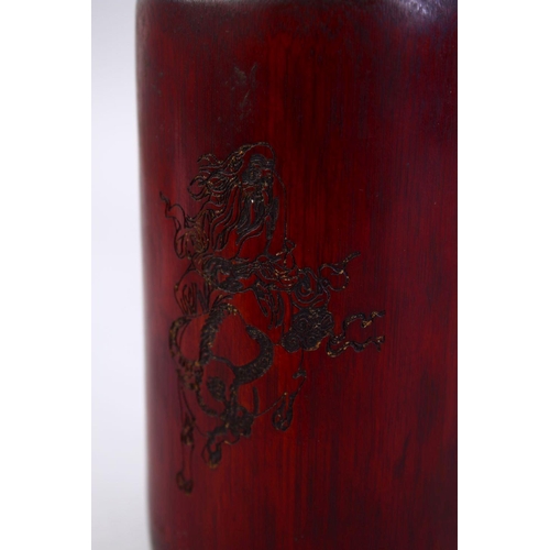 168 - A GOOD 19TH CENTURY CHINESE CARVED BAMBOO BRUSH WASH, carved with a dragon and calligraphy, 14cm.