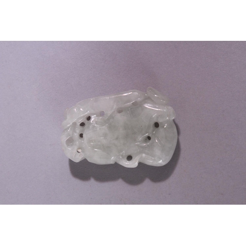 17 - A CHINESE CARVED AND PIERCED JADE AMULET, carved with animal and fruit, 5cm x 3.5cm.