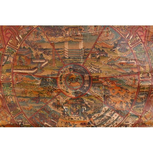 177 - A 19TH CENTURY CHINESE THANKA, depicting the twelve panels of reincarnation, signed to the reverse, ... 