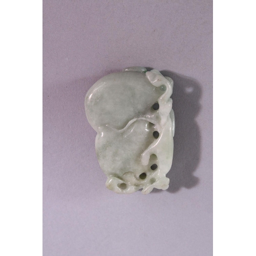 18 - A CHINESE CARVED AND PIERCED JADE / JADITE AMULET, in the form of a guord and animal, 5cm x 3.5cm.