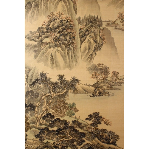 192 - 20TH CENTURY CHINESE SCHOOL, mountainous landscape with trees and buildings, signed, image 87cm x 44... 