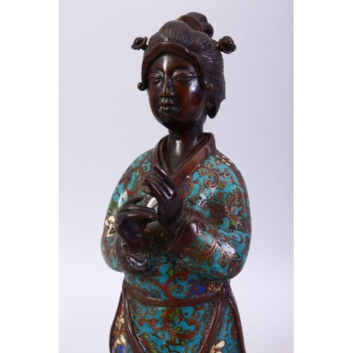 219 - A 19TH CENTURY OR EARLIER CHINESE BRONZE & CLOISONNE FIGURE OF A WOMAN, The robes detailed in cloiso... 