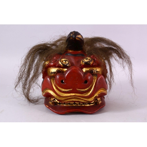 224 - A JAPANESE MEIJI / TAISHO PERIOD LACQUER HANNYA / DEVIL MASK, with real hair detailing, gilt highlig... 