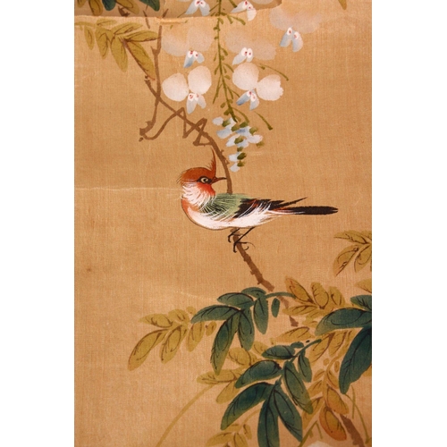 23 - FOUR SMALL CHINESE SCROLL PAINTINGS, depicting birds on branches (AF), largest image 95cm x 29cm.