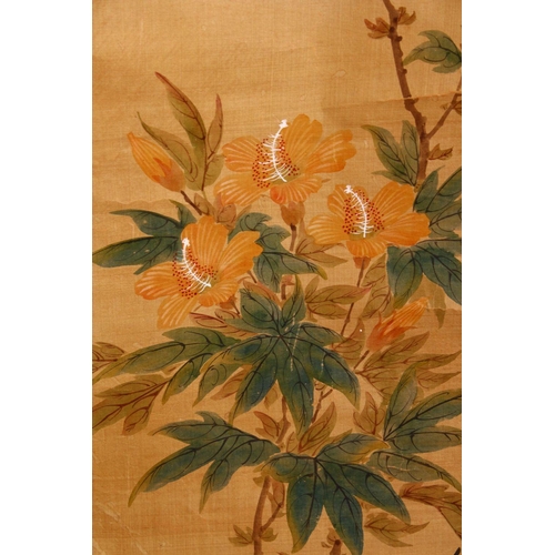 23 - FOUR SMALL CHINESE SCROLL PAINTINGS, depicting birds on branches (AF), largest image 95cm x 29cm.