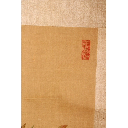 23 - FOUR SMALL CHINESE SCROLL PAINTINGS, depicting birds on branches (AF), largest image 95cm x 29cm.