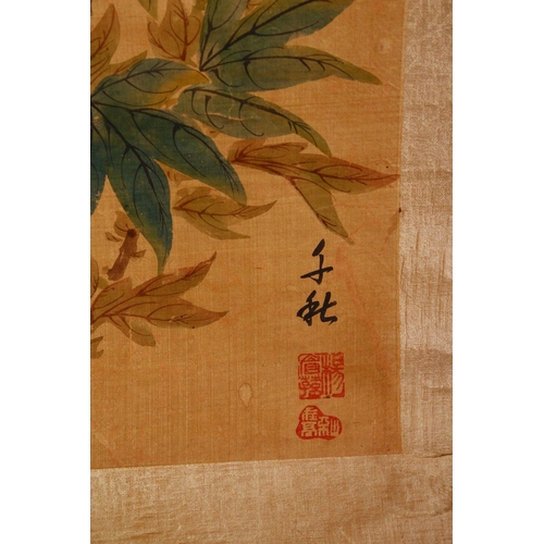 23 - FOUR SMALL CHINESE SCROLL PAINTINGS, depicting birds on branches (AF), largest image 95cm x 29cm.