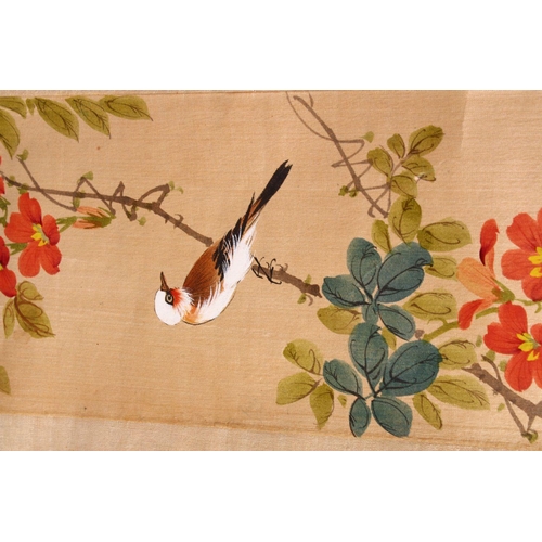 23 - FOUR SMALL CHINESE SCROLL PAINTINGS, depicting birds on branches (AF), largest image 95cm x 29cm.