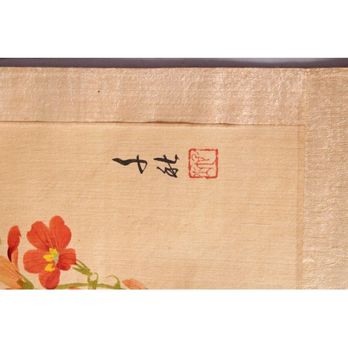 23 - FOUR SMALL CHINESE SCROLL PAINTINGS, depicting birds on branches (AF), largest image 95cm x 29cm.