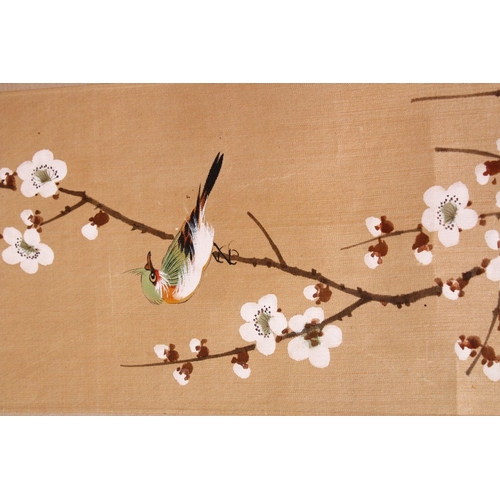 23 - FOUR SMALL CHINESE SCROLL PAINTINGS, depicting birds on branches (AF), largest image 95cm x 29cm.