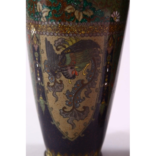 250 - A PAIR OF JAPANESE MEIJI PERIOD  CLOISONNE VASES, the vases with panel decoration depicting birds of... 