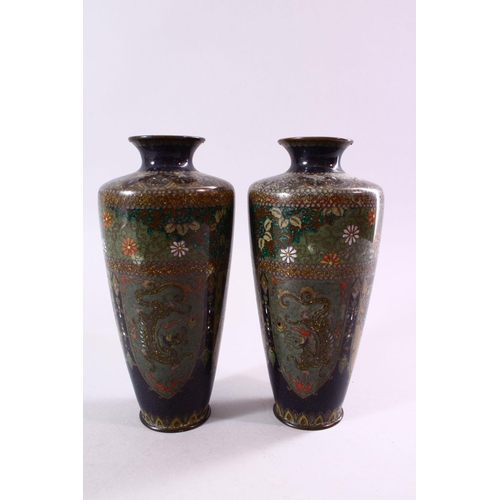 250 - A PAIR OF JAPANESE MEIJI PERIOD  CLOISONNE VASES, the vases with panel decoration depicting birds of... 