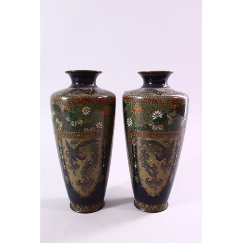 250 - A PAIR OF JAPANESE MEIJI PERIOD  CLOISONNE VASES, the vases with panel decoration depicting birds of... 