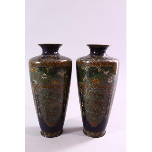 250 - A PAIR OF JAPANESE MEIJI PERIOD  CLOISONNE VASES, the vases with panel decoration depicting birds of... 