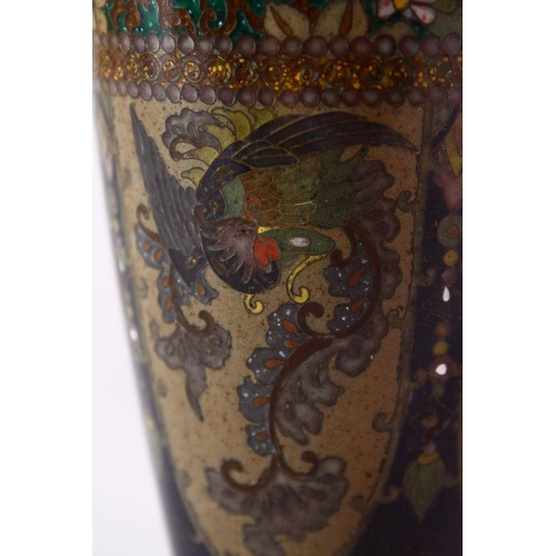 250 - A PAIR OF JAPANESE MEIJI PERIOD  CLOISONNE VASES, the vases with panel decoration depicting birds of... 