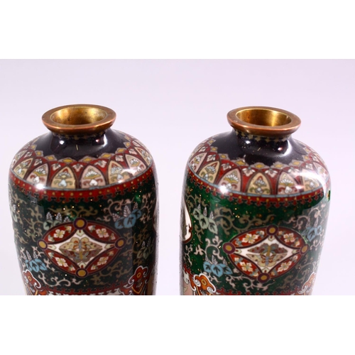 251 - A FINE PAIR OF JAPANESE MEIJI PERIOD CLOISONNE SILVER WIRE VASES, With four larger lower panels of t... 