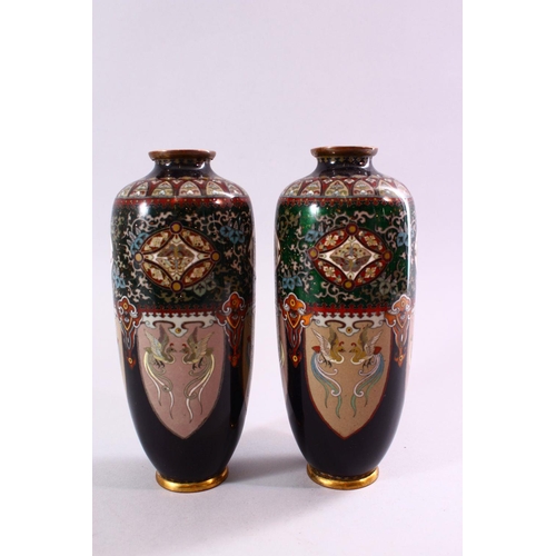 251 - A FINE PAIR OF JAPANESE MEIJI PERIOD CLOISONNE SILVER WIRE VASES, With four larger lower panels of t... 