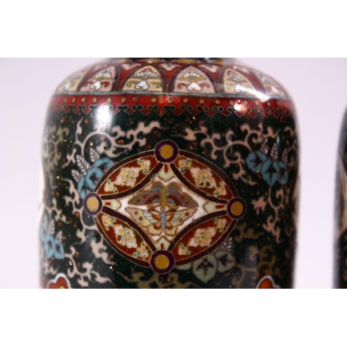 251 - A FINE PAIR OF JAPANESE MEIJI PERIOD CLOISONNE SILVER WIRE VASES, With four larger lower panels of t... 