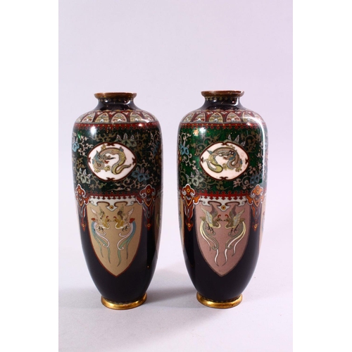 251 - A FINE PAIR OF JAPANESE MEIJI PERIOD CLOISONNE SILVER WIRE VASES, With four larger lower panels of t... 