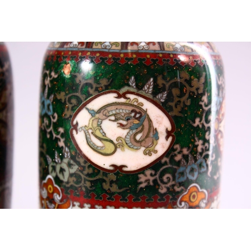 251 - A FINE PAIR OF JAPANESE MEIJI PERIOD CLOISONNE SILVER WIRE VASES, With four larger lower panels of t... 