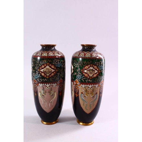 251 - A FINE PAIR OF JAPANESE MEIJI PERIOD CLOISONNE SILVER WIRE VASES, With four larger lower panels of t... 