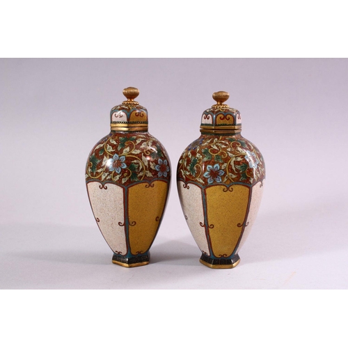 252 - A FINE PAIR OF JAPANESE MEIJI PERIOD CLOISONNE VASES & COVERS, each vase with un=usual plain panels ... 