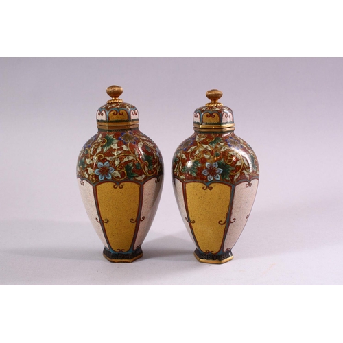 252 - A FINE PAIR OF JAPANESE MEIJI PERIOD CLOISONNE VASES & COVERS, each vase with un=usual plain panels ... 