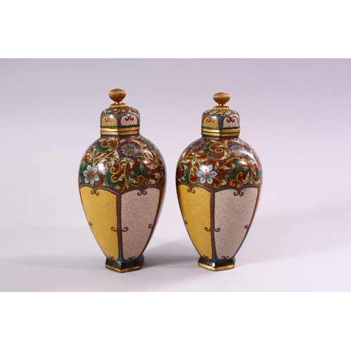 252 - A FINE PAIR OF JAPANESE MEIJI PERIOD CLOISONNE VASES & COVERS, each vase with un=usual plain panels ... 