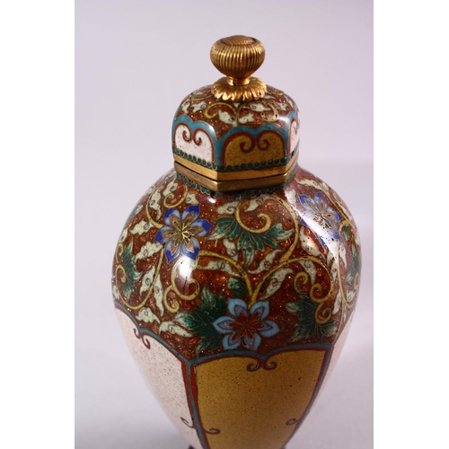 252 - A FINE PAIR OF JAPANESE MEIJI PERIOD CLOISONNE VASES & COVERS, each vase with un=usual plain panels ... 