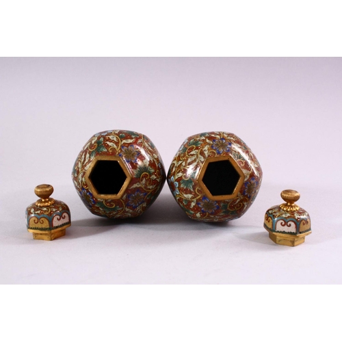 252 - A FINE PAIR OF JAPANESE MEIJI PERIOD CLOISONNE VASES & COVERS, each vase with un=usual plain panels ... 