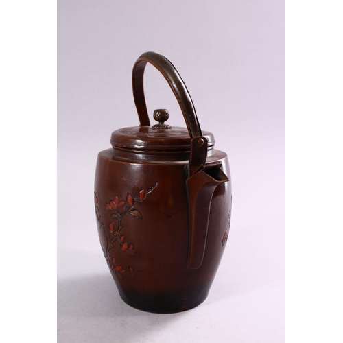 255 - A JAPANESE MEIJI / TAISHO PERIOD FLORAL TEAPOT & COVER, with carved decoration depicting native spra... 