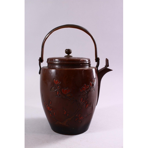 255 - A JAPANESE MEIJI / TAISHO PERIOD FLORAL TEAPOT & COVER, with carved decoration depicting native spra... 