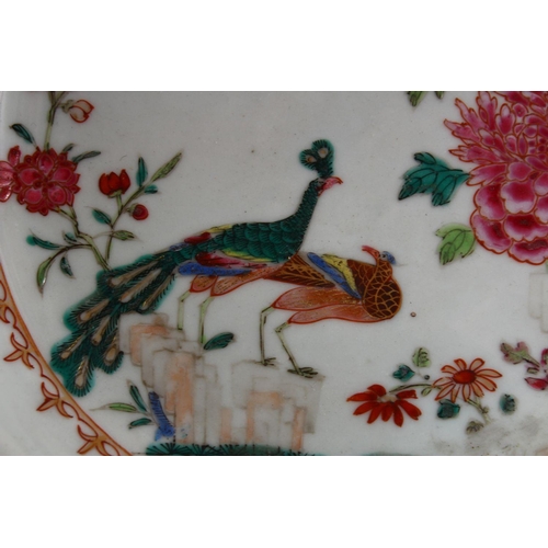 261 - A PAIR OF 18TH CENTURY CHINESE FAMILLE ROSE CIRCULAR PLATES, painted with flowers and peacocks, 23cm... 