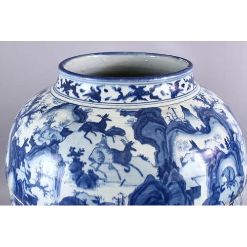 268 - A LARGE CHINESE MING DYNASTY BLUE & WHITE PORCELAIN HUNDRED DEER JAR, the body with fine decoration ... 