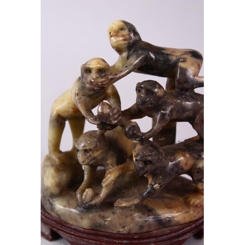 27 - A 20TH CENTURY CHINESE CARVED SOAPSTONE MONKEY GROUP, carved with five monkeys climbing upon one and... 