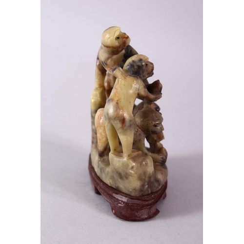 27 - A 20TH CENTURY CHINESE CARVED SOAPSTONE MONKEY GROUP, carved with five monkeys climbing upon one and... 