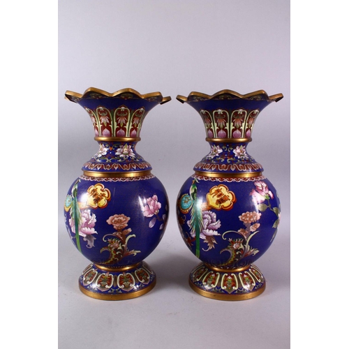 270 - A PAIR OF 19TH/20TH CENTURY CHINESE CLOISONNE VASES, the bodies decorated with displays of native fl... 