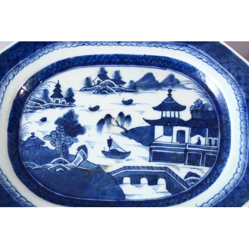 275 - A PAIR OF 18TH CENTURY CHINESE BLUE AND WHITE QIANLONG PORCELAIN SERVING DISHES, with landscape scen... 