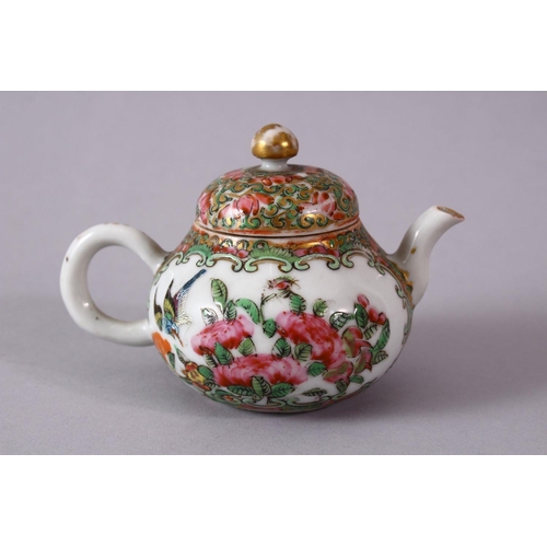 279 - A SMALLER 19TH CENTURY CHINESE CANTON FAMILLE ROSE PORCELAIN TEAPOT AND COVER, decorated with figure... 