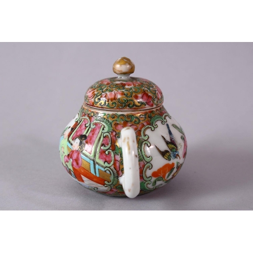 279 - A SMALLER 19TH CENTURY CHINESE CANTON FAMILLE ROSE PORCELAIN TEAPOT AND COVER, decorated with figure... 