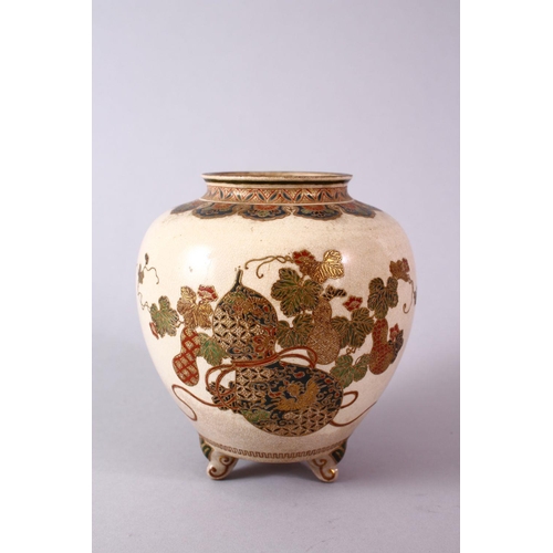 287 - A JAPANESE MEIJI PERIOD IMPERIAL SATSUMA KORO, enamelled with displays of guord and foliage, 13cm hi... 