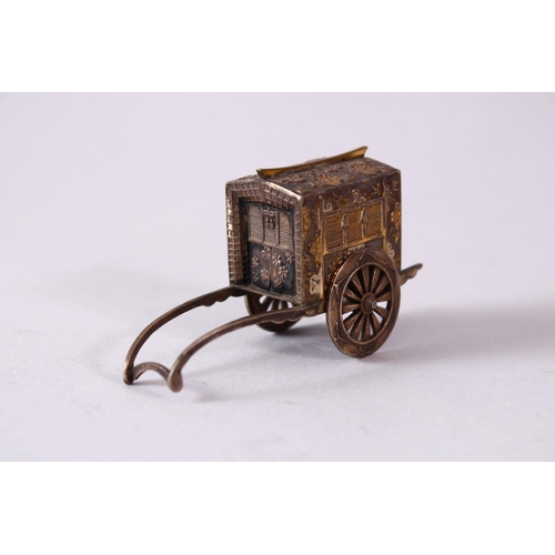 292 - A 19TH CENTURY JAPANESE GILT SILVER SALT SHAKER in the form of a rickshaw, with moulded decoration a... 