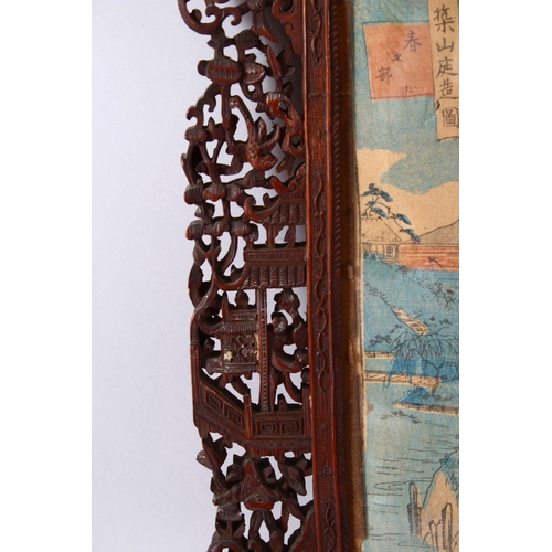 296 - A PAIR OF 19TH CENTURY CHINESE CARVED WOODEN FRAMES AND JAPANESE WOODBLOCK PRINTS, the frames carved... 