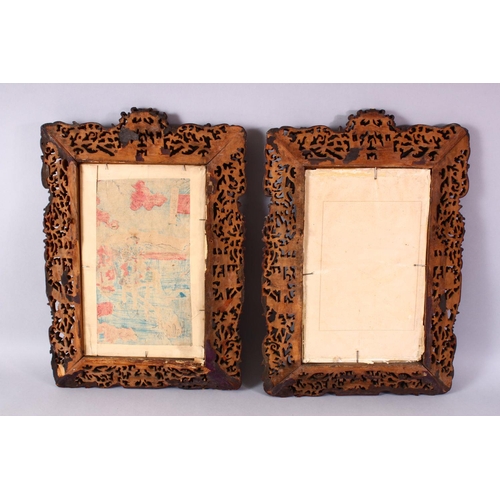 296 - A PAIR OF 19TH CENTURY CHINESE CARVED WOODEN FRAMES AND JAPANESE WOODBLOCK PRINTS, the frames carved... 