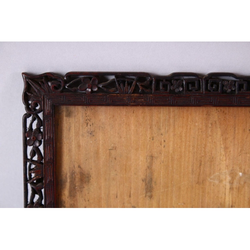 297 - A PAIR OF 19TH CENTURY CHINESE CARVED WOOD PICTURE FRAMES, carved with prunus and scroll decoration,... 