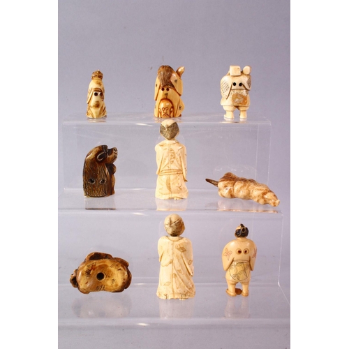 30 - A LOT OF NINE JAPANESE MEIJI PERIOD CARVED IVORY / ANTLER NETSUKE -  A stag antler carved as a peppe... 