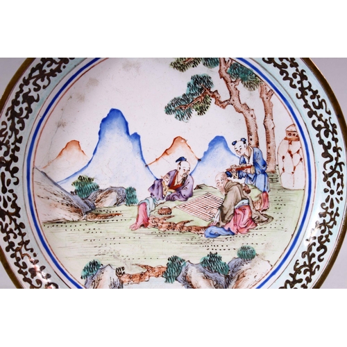 301 - A 19TH / 20TH CENTURY CHINESE WHITE ENAMEL DISH, the dish decorated with scenes of figures seated in... 