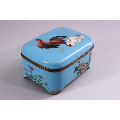 302 - A JAPANESE MEIJI PERIOD CLOISONNE COCKEREL BOX & COVER, the turquoise ground box decorated to the li... 