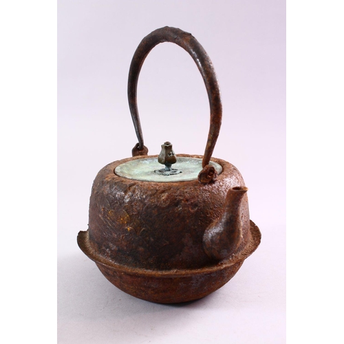 303 - A JAPANESE EDO / MEIJI PERIOD IRON MOULDED BIRD KETTLE & COVER, the iron kettle with side decoration... 